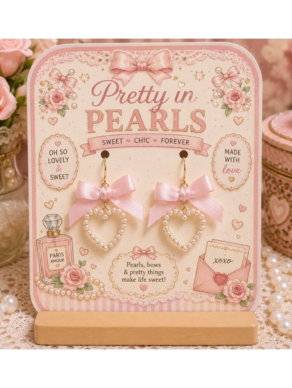 Pretty in Pearls Love Letter Pink Bow Heart Hypoallergenic Dangle Drop Earrings
